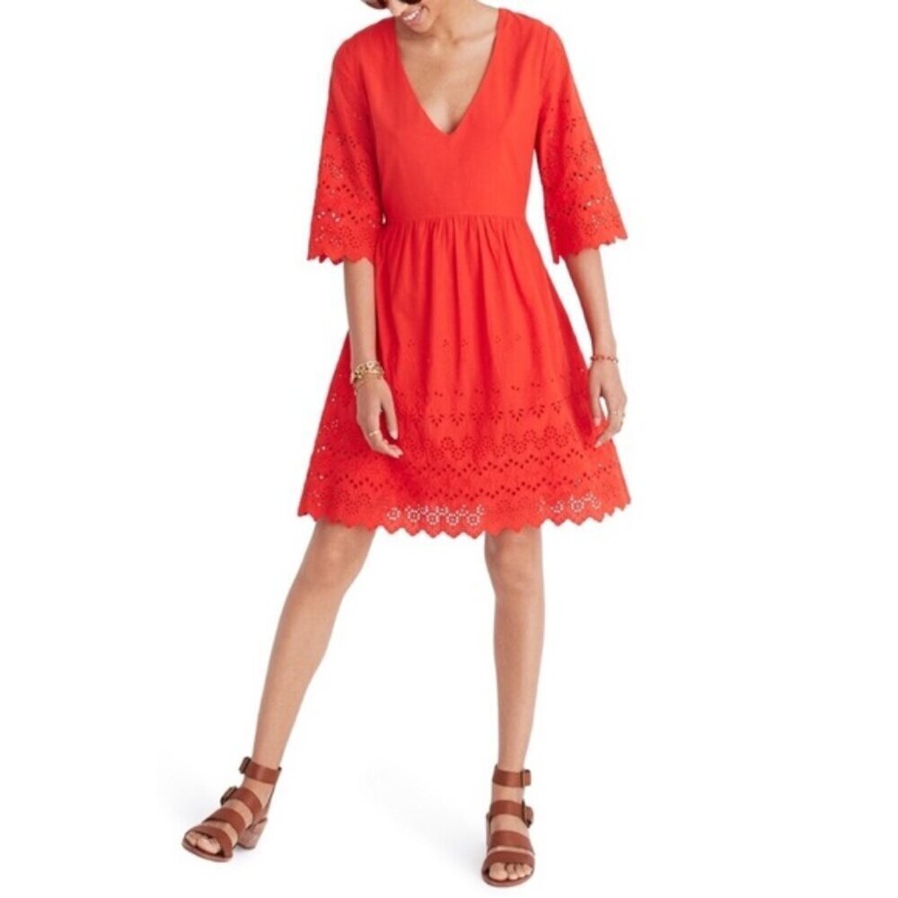 Madewell Eyelet Lattice dress red lace 2 long sleeves v-neck